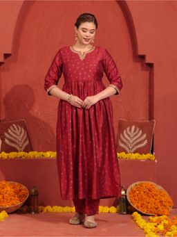 ARAMYA - Red Embroidered Round Neck Kurta with Pant
