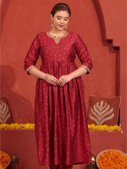 ARAMYA - Red Printed Round Neck Kurta
