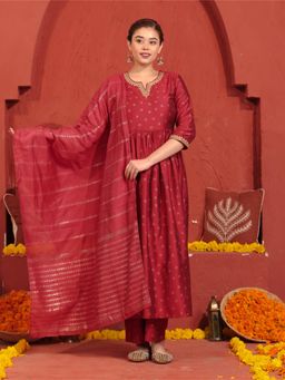 ARAMYA - Red Printed Round Neck Kurta Pant with Dupatta