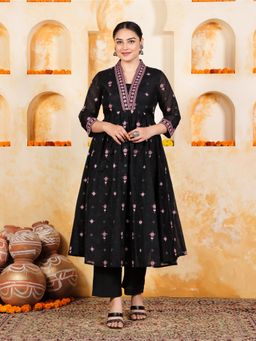 ARAMYA - Black Embroidered V-Neck Kurta with Pant