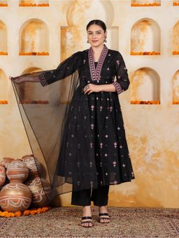 ARAMYA - Black Embroidered V-Neck Kurta Pant with Dupatta