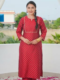 ARAMYA - Red Embroidered Round Neck Kurta