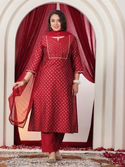 ARAMYA - Red Printed Round Neck Kurta Pant with Dupatta