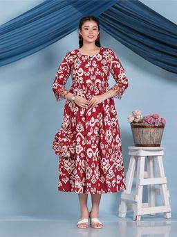 ARAMYA - Red Printed V-Neck Dress