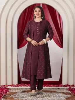ARAMYA - Wine Embroidered Round Neck Kurta Pant with Jacket