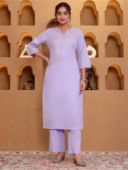 ARAMYA - Lavender Embroidered Mandarin Neck Kurta with Pant