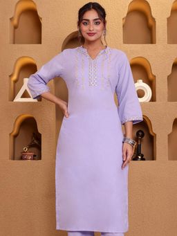 ARAMYA - Lavender Embroidered Mandarin Neck Kurta