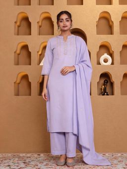 ARAMYA - Lavender Embroidered Mandarin Neck Kurta Pant with Dupatta