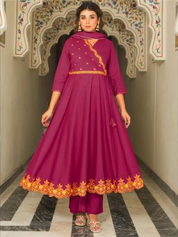 ARAMYA - Pink Embroidered V-Neck Kurta with Pant