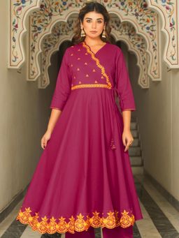 ARAMYA - Pink Embroidered V-Neck Kurta