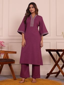 ARAMYA - Purple Solid/Plain V-Neck Kurta with Pant