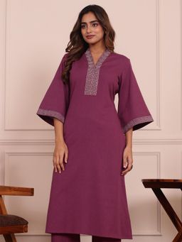 ARAMYA - Purple Solid/Plain V-Neck Kurta