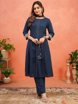 ARAMYA - Blue Embroidered Round Neck Kurta with Pant