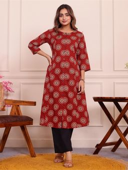 ARAMYA - Maroon Printed Round Neck Kurta with Pant
