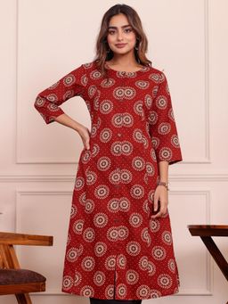 ARAMYA - Maroon Printed Round Neck Kurta