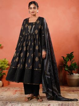 ARAMYA - Black Embroidered V-Neck Kurta Pant with Dupatta
