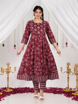 ARAMYA - Maroon Embroidered Round Neck Kurta with Pant