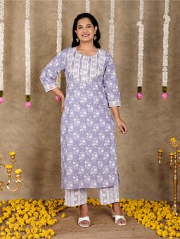 ARAMYA - Purple Embroidered Round Neck Kurta with Pant