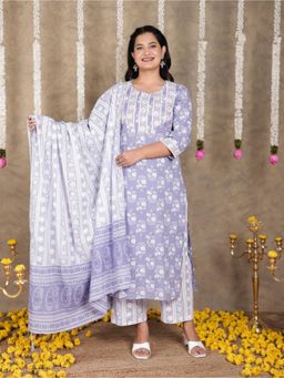 ARAMYA - Purple Embroidered Round Neck Kurta Pant with Dupatta