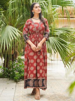 ARAMYA - Red Printed V-Neck Dress
