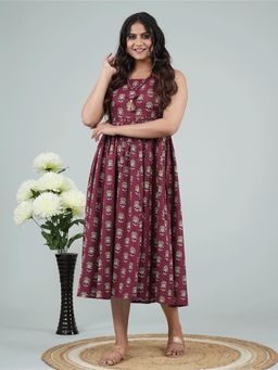 ARAMYA - Purple Floral Round Neck Dress