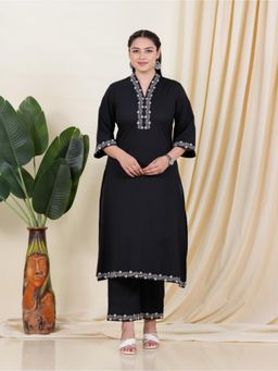 ARAMYA - Black Embroidered V-Neck Kurta with Pant