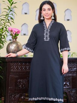 ARAMYA - Black Embroidered V-Neck Kurta