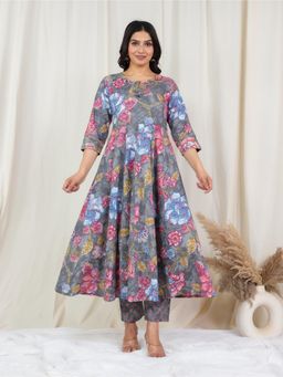 ARAMYA - Grey Floral Keyhole Neck Kurta with Pant