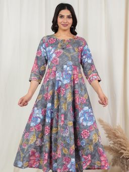 ARAMYA - Grey Floral Keyhole Neck Kurta