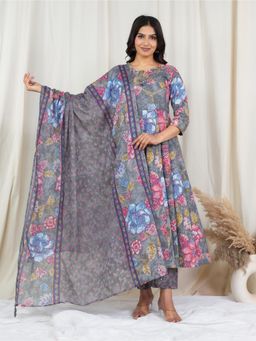 ARAMYA - Grey Floral Keyhole Neck Kurta Pant with Dupatta