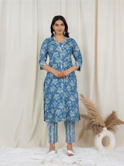 ARAMYA - Blue Floral V-Neck Kurta with Pant