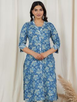 ARAMYA - Blue Floral V-Neck Kurta