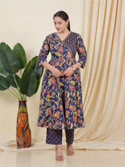 ARAMYA - Blue Floral V-Neck Kurta with Pant