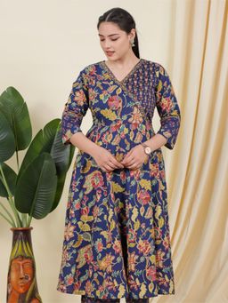 ARAMYA - Blue Floral V-Neck Kurta