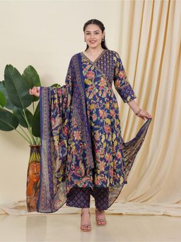 ARAMYA - Blue Floral V-Neck Kurta Pant with Dupatta