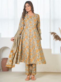 ARAMYA - Yellow Floral V-Neck Kurta Pant with Dupatta