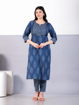 ARAMYA - Blue Embroidered Round Neck Kurta with Pant