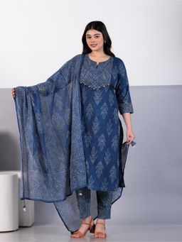 ARAMYA - Blue Printed Round Neck Kurta Pant with Dupatta