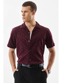 Snitch - Burgundy Self-Design Half Sleeves Boxy Casual Shirt For Men