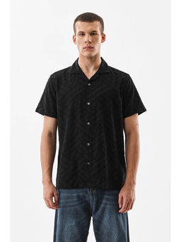 Snitch - Black Self-Design Half Sleeves Boxy Casual Shirt For Men