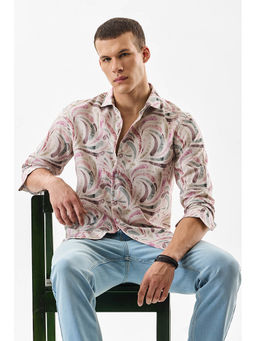 Snitch - Beige Abstract Full Sleeves Slim Casual Shirt For Men