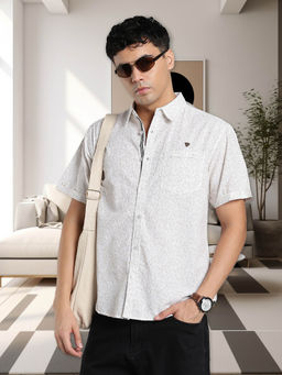 KUONS AVENUE - Off White Men's Printed Linen Cotton Casual Shirt