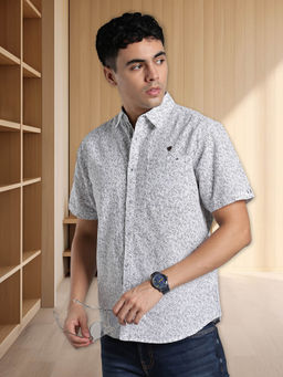 KUONS AVENUE - White Men's Printed Linen Cotton Casual Shirt
