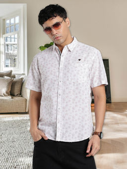 KUONS AVENUE - White Men's Printed Linen Cotton Casual Shirt