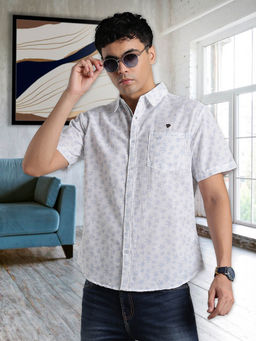 KUONS AVENUE - White Men's Printed Linen Cotton Casual Shirt