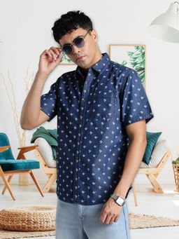 KUONS AVENUE - Blue Men's Printed Denim Casual Shirt