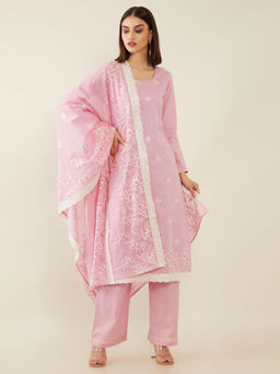 Soch - Pink Floral Embroidery Cotton Unstitched Dress Material - 3 Meter Kurta Fabric