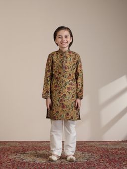 Manyavar - Boys Mustard Blended Viscose Digital Print Kurta Pyjama (Set of 2)