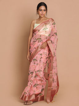 Indethnic - Banarasi Pink Printed Party Wear Saree With Unstitched Blouse