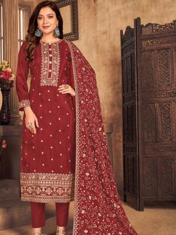 Odette - Red Viscose Base Semi-Stitched Straight Suit (Set of 3)